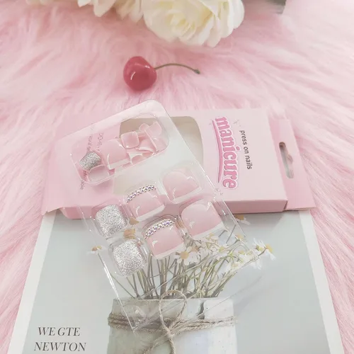 Miniatura 4 de Uñas postizas a presión con punta francesa blanca, uñas postizas cuadradas con diamantes de imitación, acrílico, rosa, polvo de purpurina, puntas