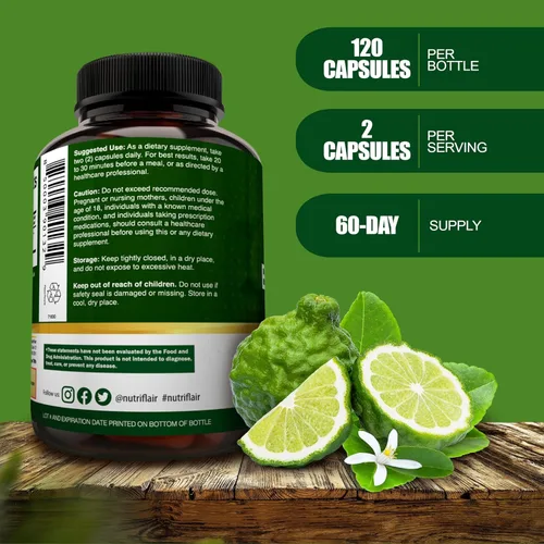 Miniatura 3 de NutriFlair Bergamota cítrica orgánica de 1400 mg, 120 cápsulas – Bergamia 25:1 – Aceite esencial y bioflavonoides cítricos – Suplementos naturales