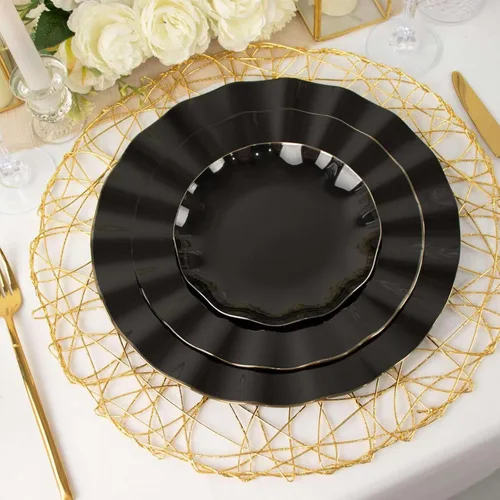 Miniatura 2 de Efavormart - Platos de cena de 11 pulgadas – Juego de 10 platos desechables redondos de plástico negro con borde dorado rizado – Vajilla elegante