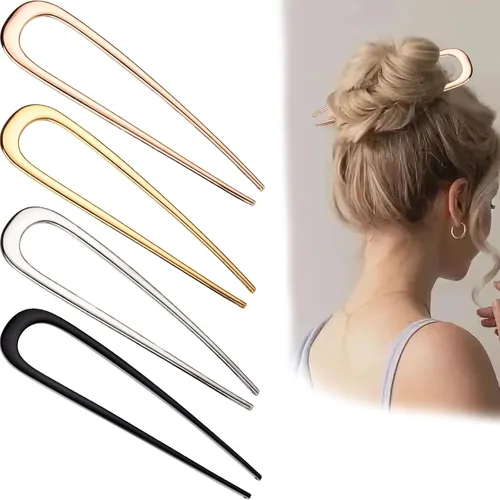4 horquillas francesas para mujer, horquillas de metal en forma de U para moños (oro rosa/oro/plata/negro), tenedores de aleación de zinc