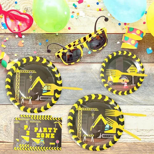 Miniatura 7 de 96 piezas de suministros para fiesta de cumpleaños con temática de construcción, platos de papel y servilletas con temática de construcción