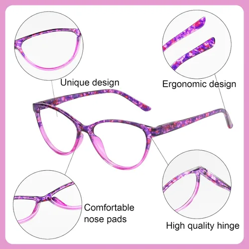 Miniatura 7 de Przene Paquete de 4 lentes de lectura con bloqueo de luz azul, lectores para mujeres y hombres con bisagra de resorte Floral Rojo/Púrpura/Rosa/Azul