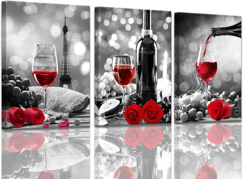 Decoración de vino para cocina, arte en lienzo con rosas de vino tinto, arte para paredes del hogar, blanco y negro, con pintura de vino tinto, arte