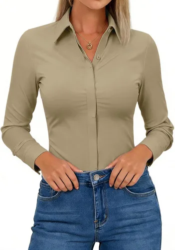 Miniatura 13 de Aoudery Button Down Shirts for Women Slim Fit Long Sleeve Stretch Dress Shirts Work Shirt Wrinkle Free
