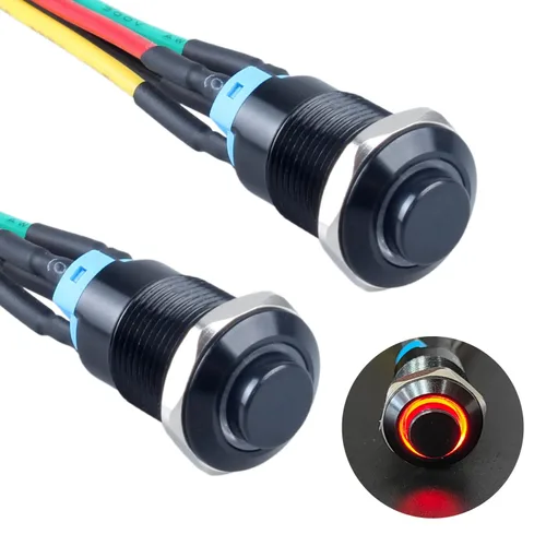 Miniatura 18 de 2 interruptores de botón con pestillo de 0.472 in con cable pre-soldado de 5.9 in 1NO 12V-24V ON-Off para orificio de montaje de 1/2 pulgada, anillo