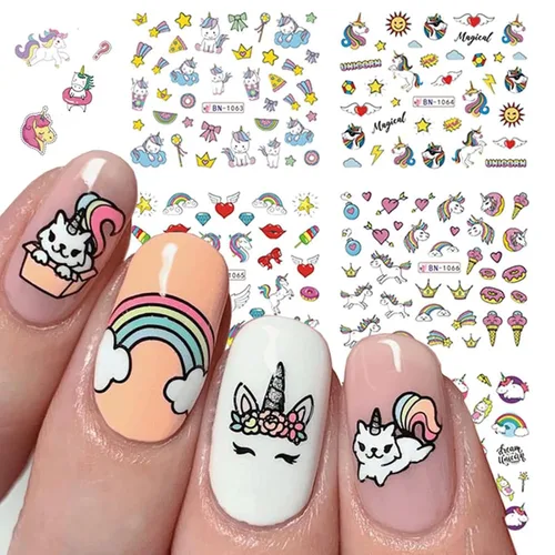 Miniatura 3 de Calcomanías de uñas de unicornio, calcomanías de transferencia de agua, calcomanías de uñas de corazón, unicornio, arcoíris, dona, diseño de uñas