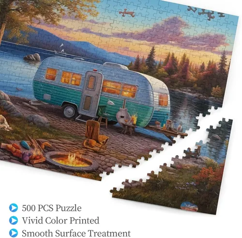 Miniatura 6 de Rompecabezas de 500 piezas para adultos, familias, camping, coche, junto al lago, fogata, formación de madera, entretenimiento, decoración