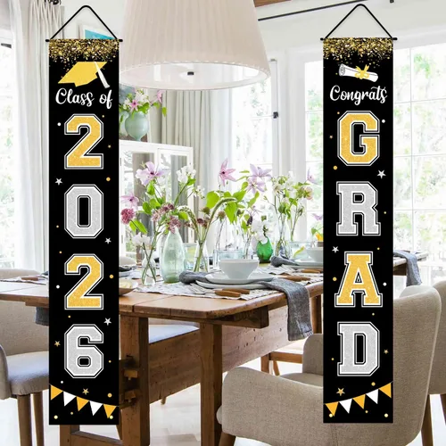 Miniatura 5 de Bandera de decoración de graduación 2025 GRAD Bandera negra para porche y puerta de bienvenida para pared interior y exterior, decoración