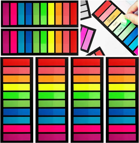 1200 marcadores de página de colores, 6 juegos de pestañas adhesivas fluorescentes en 10 colores primarios, banderas de notas adhesivas de neón,