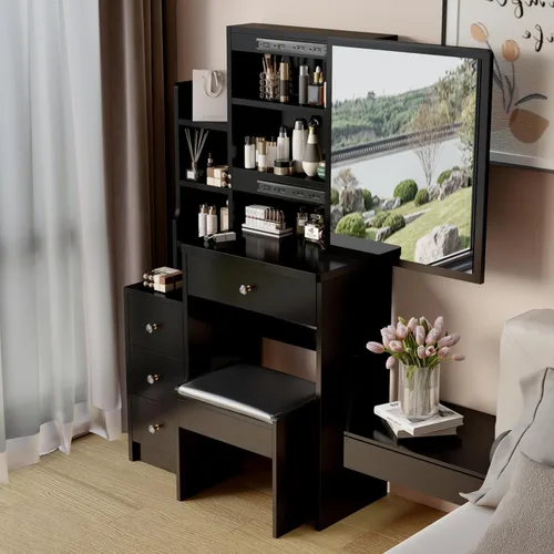 Miniatura 7 de BNSPLY 29.2" W Small Vanity Desk with Sliding Mirror, Black Makeup Vanity Set with 4 Drawers and 5 Shelves, Dressing Table with Cushion Stool for