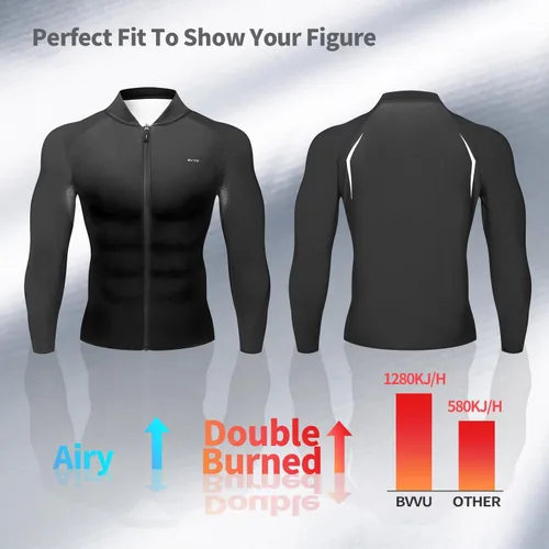 Miniatura 5 de BVVU Traje de sauna para hombre, con cremallera, chaqueta de sauna, pantalón, gimnasio, entrenamiento, sudadera con capucha, moldeador de cuerpo