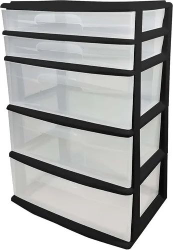 HOMZ Torre de Cajones, Carrito Organizador de Almacenamiento de Plástico Transparente Extra Ancho de 5 Niveles, Marco Negro - Cajas Contenedoras