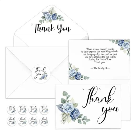 Miniatura 11 de Fumete Juego de 50 tarjetas de agradecimiento funerarias con sobres y calcomanías, tarjetas de agradecimiento de condolencias con mensaje