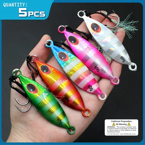 Miniatura 6 de 5 piezas de plantillas de pesca de agua salada, señuelos de pesca verticales de tono lento de metal con ganchos de asistencia, anzuelos de pesca