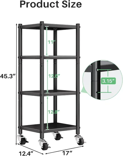 Miniatura 2 de PXRACK Estantes de almacenamiento con ruedas giratorias, estantería de metal ajustable de 4 niveles para almacenamiento resistente, estante