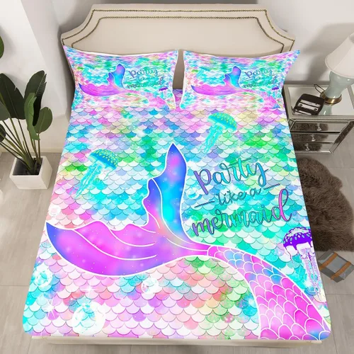 Miniatura 18 de Erosebridal Sábanas de cama de sirena azul para niñas, bonita sábana bajera ajustable de unicornio, 2 piezas, ropa de cama de arcoíris femenino
