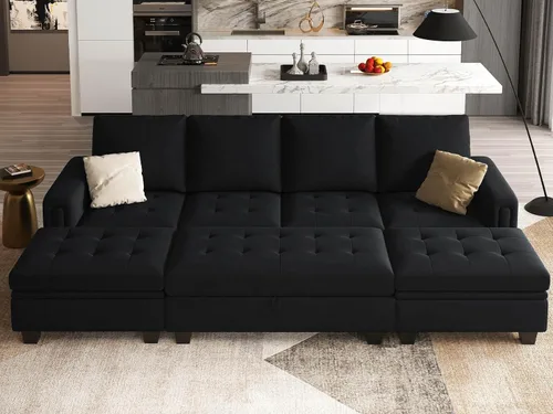 Miniatura 7 de Belffin Banco otomano rectangular de gran tamaño con almacenamiento, reposapiés tapizado de terciopelo para sala de estar y dormitorio (negro)