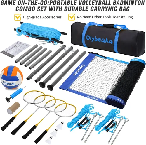 Miniatura 6 de Conjunto combinado de bádminton de voleibol al aire libre con red, diseño antiflacidez, 4 raquetas de bádminton, 3 pajaritos y voleibol de Bloque