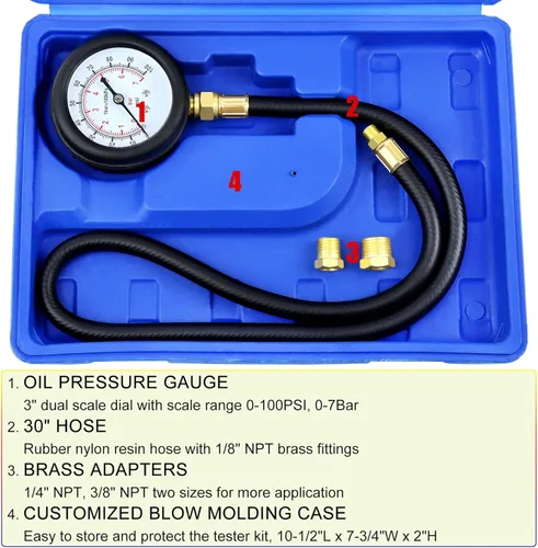 Miniatura 2 de JIFETOR Kit de probador de presión de aceite, prueba de diagnóstico profesional del motor, herramienta de medidor de presión de 100 PSI