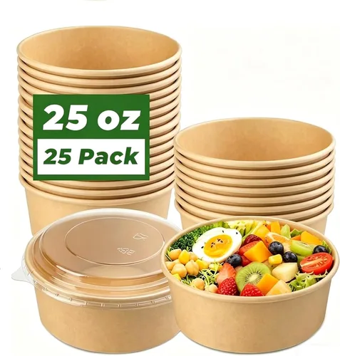 Paquete de 25 envases de papel de 25 onzas, contenedores de alimentos desechables con tapas, cuencos desechables, cuencos de ensalada desechables