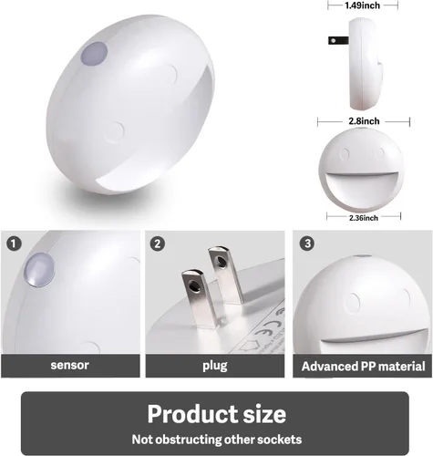 Miniatura 6 de VAVOFO Luz nocturna LED con sensor automático, paquete de 4, 2900-3200K blanco cálido, diseño de cara sonriente, lámpara de noche de pared