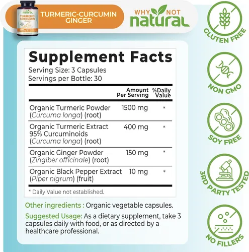 Miniatura 4 de Suplemento orgánico de curcumina de cúrcuma en cápsulas con jengibre y pimienta negra - Tumeric
