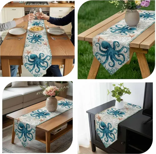 Miniatura 6 de Camino de mesa de verano pequeño de 13 x 36 pulgadas, acuarela azul, lino y algodón, pulpo de animales marinos, manteles retro con temática náutica