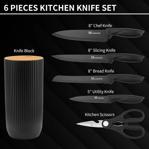 Miniatura 2 de Juego de cuchillos negros con bloque, juego de 6 cuchillos para tijeras de cocina con soporte compacto, cuchillo de chef afilado sin palo, diseño