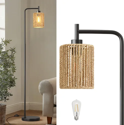 Miniatura 13 de Oneach Lámpara de pie dorada de 66 pulgadas para sala de estar, lámpara de pie bohemia con bombilla LED, interruptor de pie, pantalla de ratán, Oro