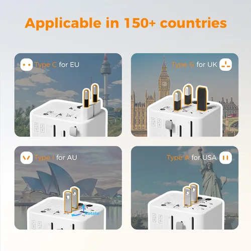 Miniatura 2 de TESSAN Adaptador de viaje universal, adaptador de corriente internacional con 4 puertos USB (1 USB C), adaptador de enchufe mundial cargador