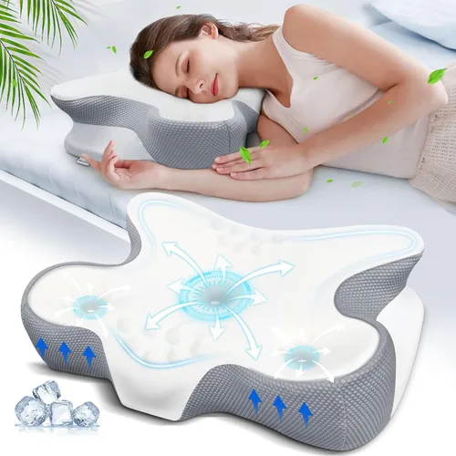 Miniatura 10 de Almohada de espuma viscoelástica cervical para alivio del dolor de cuello - Almohada ergonómica con contorno para dormir de lado, espalda y Azul