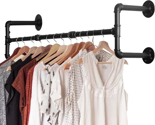 Miniatura 8 de WEBI Perchero de montaje en pared, 24 pulgadas de tubería industrial para colgar ropa, barra de hierro resistente, barra de ropa de exhibición al