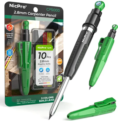 Miniatura 12 de Nicpro Lápices de carpintero magnéticos 7 en 1 CP5000 con sacapuntas, lápiz mecánico de construcción + 10 recargas, marcador de agujero profundo