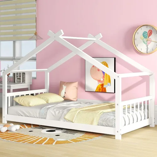 Miniatura 15 de Bellemave Montessori - Cama de suelo tamaño individual, marco de cama individual con cabecero, estribo, cama Montessori de madera con listones