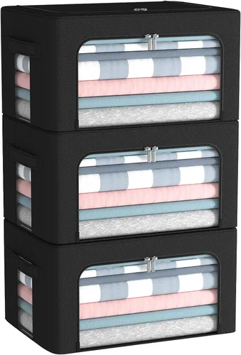 Miniatura 11 de CYhom Paquete de 3 contenedores plegables de almacenamiento - Caja de almacenamiento con marco de tela de lino apilable para ropa con ventana