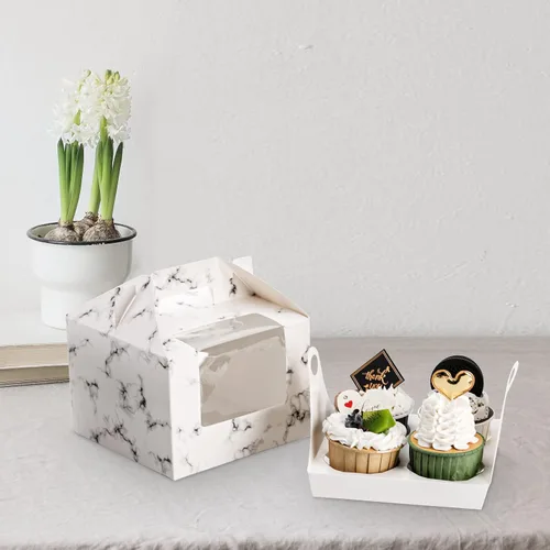 Miniatura 5 de ZEAYEA Paquete de 40 cajas para cupcakes con ventana y asa, 4 cavidades de papel para cupcakes, contenedores portátiles de pastelería, portadores