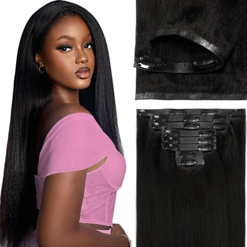 Miniatura 12 de Extensiones de cabello lacio italiano Yaki con clip, cabello humano Remy real, grado 8A, grueso, virgen, 4C, afroamericanos, cabeza completa