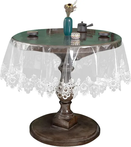 Miniatura 17 de Mantel redondo de plástico transparente, impermeable, de vinilo, PVC, bordado, borde de encaje, transparente, para cocina, uso en exteriores e