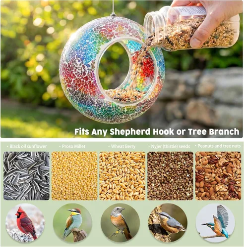 Miniatura 4 de VCUTEKA Comedero para Pájaros de Mosaico Fly Through para Exterior Colgante con Recipiente de Vidrio de Forma Redonda para Atraer Más Aves Rojo