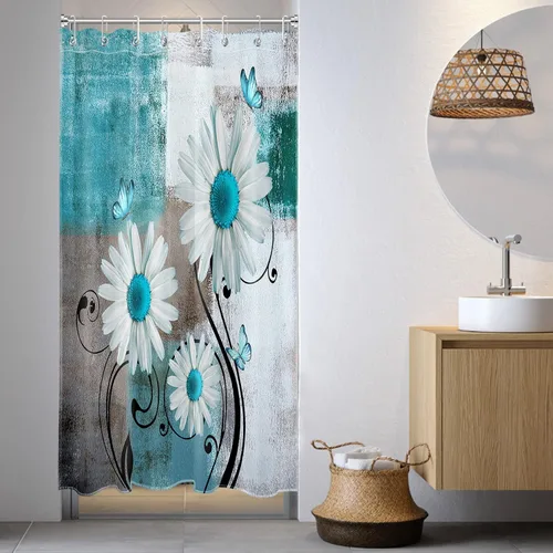 Miniatura 16 de Cortina de ducha floral con margaritas azules, flores blancas y mariposas en tela moderna abstracta geométrica gris para baño, 10 ganchos, 48 x 72