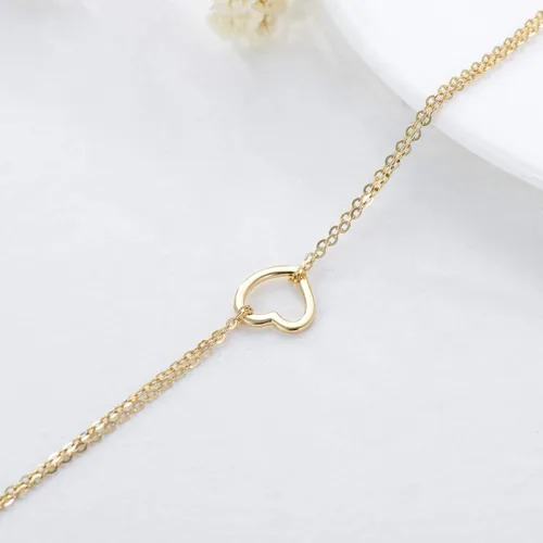 Miniatura 4 de SISGEM Pulsera de corazón de oro amarillo de 14 quilates para mujer, pulsera de corazón de doble cadena de oro real, regalo de aniversario
