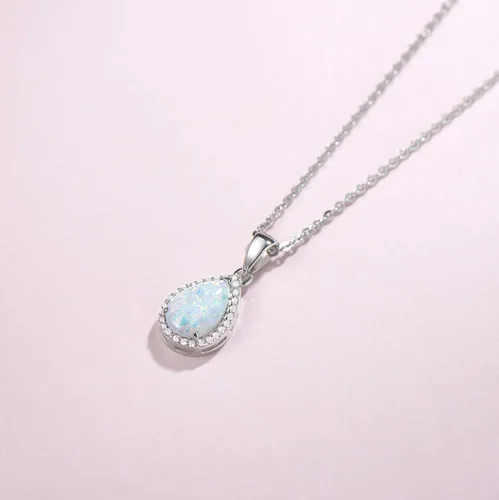 Miniatura 2 de FANCIME Aretes de plata de ley con ópalo blanco, piedra natal de octubre, ópalo de fuego, halo de gota de agua, forma de lágrima, aretes de ópalo