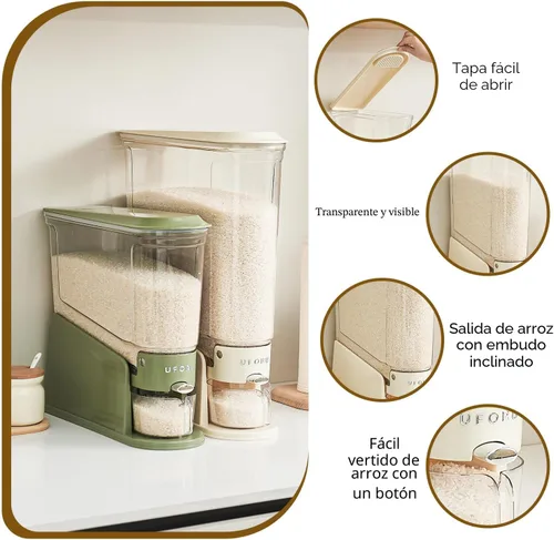 Miniatura 6 de UFORU Dispensador de arroz de 11 libras, recipiente de almacenamiento de arroz delgado para espacios pequeños, dispensador de alimentos secos
