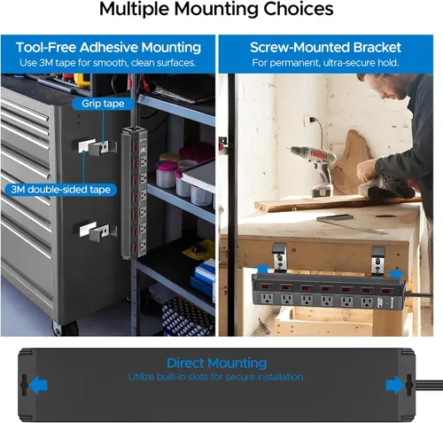 Miniatura 4 de CRST Regleta de alimentación de metal de 6 tomas con interruptores individuales, protector contra sobretensiones montable para garaje, taller