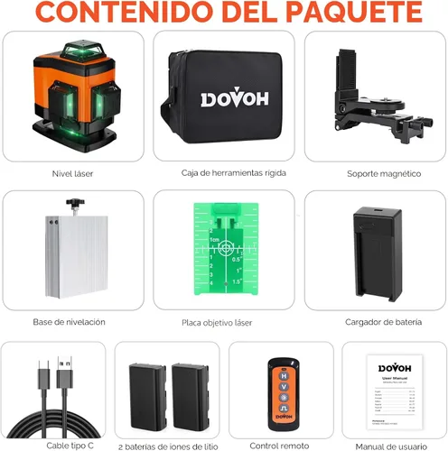Miniatura 7 de DOVOH Nivel láser de 4 x 360 ° autonivelante, nivelador láser de 16 líneas para construcción de pavimentos y techo recargable, haz verde, soporte