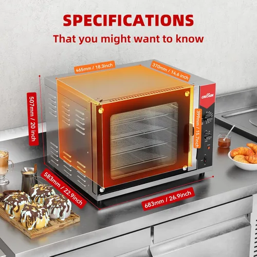 Miniatura 6 de CROSSON Horno de convección de medio tamaño de 68L, horno tostador comercial de 4 niveles con puerta frontal de vidrio, 4 juegos de bandejas