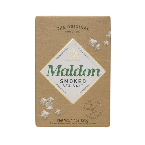Sal Maldon, copos de sal marina ahumada, 4.4 oz (125 g), Kosher, natural, suavemente ahumada sobre roble, hecho a mano, cristales pirámidales,