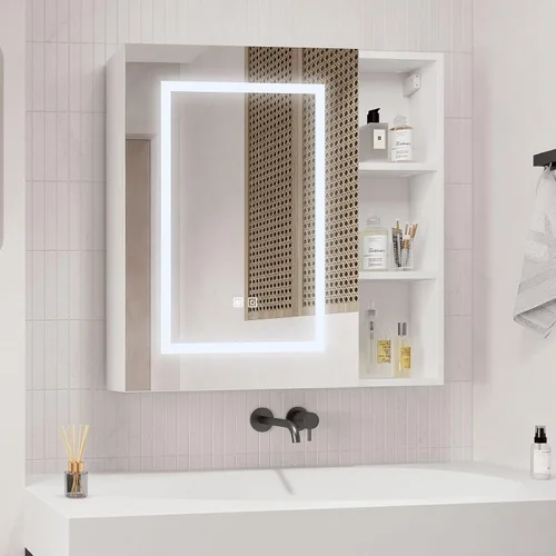 Miniatura 9 de Gabinetes de medicina LED para baño, botiquín iluminado con espejo, tocador de baño de montaje en superficie con almacenamiento, brillo ajustable