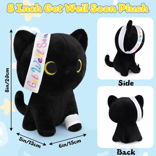 Miniatura 5 de Regalos para mujeres y niños, peluche de gato negro de 8 pulgadas, animales de peluche con texto en inglés "Get Well Soon", peluches de gato kawaii