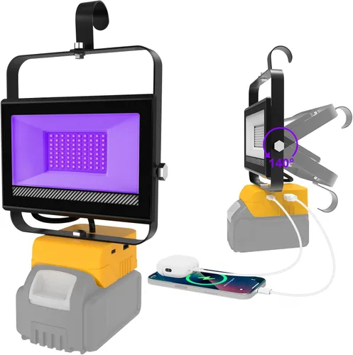 Luces Negras Inalámbricas para Batería DeWalt 20V, Luces Negras LED Portátiles, Luz de Inundación Ultravioleta de 395nm con Puerto de Carga USB y